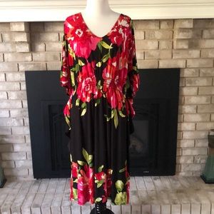 Robbie Bee Black Red Pink Batwing Elastic Waist V-Neck Dress size 1X